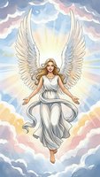 Watercolor angel with large white wings floating among pastel clouds in heavenly sky. Young woman in flowing white dress with long blonde hair radiating divine light.