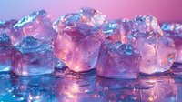 Glowing ice cubes with pink and blue illumination on reflective surface create magical atmosphere for beverage photography and creative commercial designs.