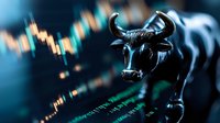 Black metal bull figurine on blurred stock market chart background with candlestick patterns showing bullish market trend analysis for financial trading.