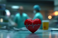 Red heart with ECG line on medical table with blurred medical staff in surgical uniforms in background, healthcare and cardiology concept.