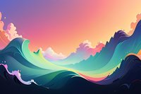 Vibrant fantasy landscape with rolling waves and mountains in gradient colors of turquoise, pink and orange against dreamy sunset sky with fluffy clouds. Artistic digital illustration.