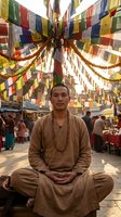 Asian monk in traditional robes meditating under colorful prayer flags at temple courtyard with spiritual atmosphere and cultural heritage setting.