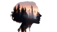 Female profile silhouette with double exposure effect showing misty forest landscape at sunset, pine trees reflecting in lake water, artistic nature concept.