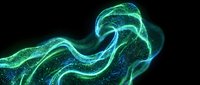 Glowing neon wave with luminescent green and blue particles flowing across dark background, suitable for tech, digital, and abstract design projects.