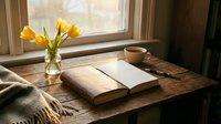 Cozy reading corner with open book, yellow tulips in vase and coffee cup on wooden table by window. Warm natural lighting creates peaceful atmosphere for relaxation.
