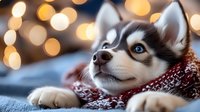 Close-up of a husky puppy wearing a knitted scarf, surrounded by warm bokeh lights and snow, perfect for winter holiday designs and pet-related projects.
