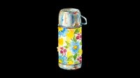 Vintage thermos flask with colorful floral pattern featuring yellow, pink, and blue flowers on transparent background. Ready for clipart, print-on-demand, sublimation, t-shirt design, and sticker applications.