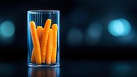 Fresh orange carrots in transparent glass container on dark background with blue bokeh lights, minimalist food photography for healthy eating concept.
