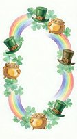 Watercolor St Patrick's Day oval frame with rainbow, leprechaun hats, gold pots and shamrocks on white background for greeting cards and decorations.