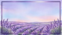 Lavender field landscape with rolling hills and purple flowers in decorative frame for relaxation and aromatherapy designs.