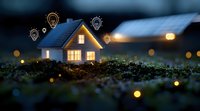 Miniature glowing house on grass at night with floating light bulb icons, bokeh lights, and warm window illumination creating magical atmosphere for smart home concept.