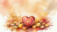 Heart surrounded by gold coins in warm watercolor style, symbolizing love, wealth, and generosity. Great for finance, charity, and Valentine concepts.