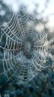 Intricate spider web covered in morning dew drops with soft bokeh background creating natural geometric patterns in outdoor garden setting.