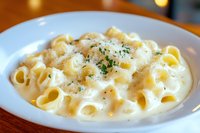Creamy rigatoni pasta in rich white cheese sauce garnished with fresh herbs and black pepper, served in white ceramic bowl on wooden surface with warm lighting.