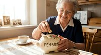 Happy senior Caucasian woman putting coins into pension piggy bank at kitchen table, retirement savings and financial planning concept for elderly.