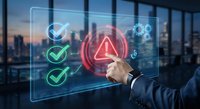 Businessman touching red warning triangle on digital interface with checkmarks in modern office overlooking city skyline at dusk.
