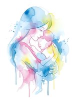 Watercolor mother embracing baby in tender moment with colorful paint splashes and drips creating emotional family bond artwork for greeting cards and nursery decor.