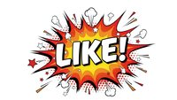 Comic book style explosion with LIKE text in bold letters surrounded by colorful burst effects and stars on white background for social media designs.