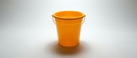 Empty orange plastic bucket with handle on white background, suitable for cleaning, storage, and industrial applications.