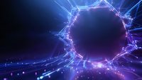 Glowing neon circle frame with connected dots and lines on dark background, futuristic digital network visualization with blue and purple light effects.