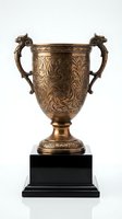 Ornate bronze trophy cup with decorative engravings and dragon handles on black marble base isolated on white background for awards and recognition ceremonies.
