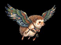 Flying hedgehog with ornate patterned wings, folk art style, isolated on transparent background. Great for stickers, t-shirt design, print on demand, and clipart.