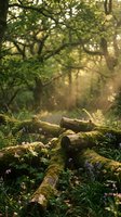 Moss-covered fallen logs in enchanted forest with golden sunlight filtering through green canopy creating magical woodland atmosphere for nature backgrounds.