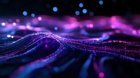 Abstract digital wave pattern with glowing purple and blue particles creating dynamic flowing lines against dark background, bokeh light effects add depth.