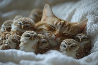 Ginger cat sleeping peacefully among group of small burrowing owls on soft white bedding, creating unusual animal friendship scene in warm natural lighting.