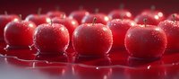 Fresh red apples with water drops on glossy red surface in row formation, macro photography with selective focus and bokeh effect for food industry.