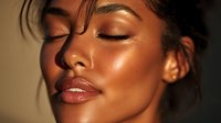 Close-up portrait of young woman with glowing, dewy skin and closed eyes in warm golden light, showcasing natural makeup and radiant complexion.
