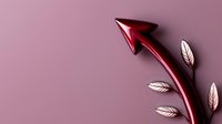 Metallic red arrow pointing upward with white decorative leaves on pink background, symbolizing growth and success in business presentations and designs.