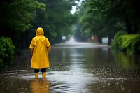 Person wearing bright yellow raincoat standing in flooded suburban street during heavy rain, surrounded by green trees and reflecting water. For weather news.