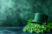 Green leprechaun hat surrounded by fresh shamrock leaves on dark mystical background with fog and copy space, festive St Patrick's Day celebration concept.