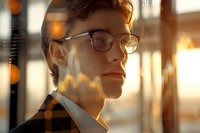 Young Caucasian businessman wearing glasses in profile view with warm sunset bokeh lights and stock market graph overlay, expressing confidence and success in finance.