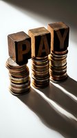 Wooden letter blocks spelling "PAY" stacked on piles of golden coins, symbolizing financial obligation, debt repayment, and money management for business and accounting concepts.