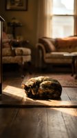 Tabby cat resting on wooden floor in sunlight near doorway, with classic living room furniture and warm interior decor visible in background for home and pet lifestyle content.