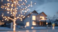 Glowing tree with decorative lights illuminates snowy winter evening scene, cozy house with warm windows in background creating magical holiday atmosphere.