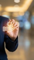 Businessman hand holding glowing gear icon in palm against blurred office background, representing service, support, and technical solutions for business operations.