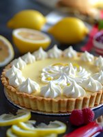 Fresh lemon meringue tart with whipped cream peaks decorating the edges, surrounded by bright yellow lemons and red raspberries on dark surface.