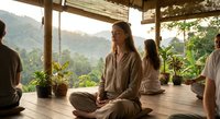 Young woman meditating in lotus position during group yoga session on wooden deck surrounded by lush tropical forest and mountains at wellness retreat center.