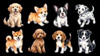 Cute puppy clipart set with 8 dog breeds isolated on transparent background, ready for stickers, t-shirt design, print on demand, and sublimation projects.