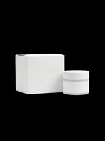 Blank white cosmetic jar with lid and matching rectangular box isolated on transparent background, ready for branding, packaging design, t-shirt graphics, sublimation, and print-on-demand products.