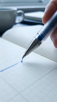 Close-up of a hand holding a blue gel pen writing on grid paper, with office supplies blurred in background. For business, education, and creative projects.