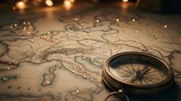 Vintage brass compass on old treasure map with warm fairy lights creating atmospheric adventure and exploration mood for travel and navigation themes.