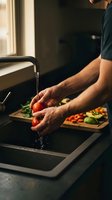 Man washing fresh tomatoes under running water at kitchen sink with chopped vegetables on cutting board, food preparation and healthy cooking.