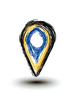 Artistic map pin marker in blue and yellow colors with black outline sketch style on white isolated background, floating with soft shadow effect.