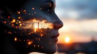 Female profile silhouette at sunset with double exposure effect showing industrial cityscape with glowing particles and warm evening light atmosphere.