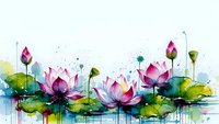 Watercolor lotus flowers with green leaves in artistic style with paint drips and splatters on white background for meditation and wellness designs.