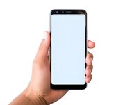 Female hand holding modern smartphone with blank screen on white background, isolated mockup for app or web design presentation.
